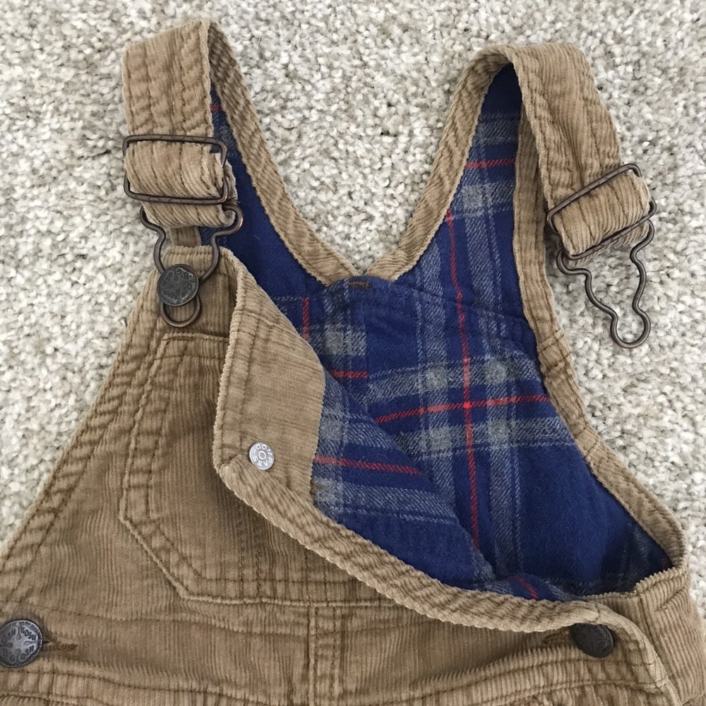Oshkosh B'gosh Corduroy Vestbak Bib Overalls Flannel Lined Baby 9M Tan Snap Legs - Picture 5 of 10